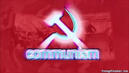 a gif from a bill wurtz video that has a hammer and scicle descending upon the globe and says communism in the societ union